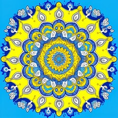 Canvas Print - Raster sketch of colored mehndi mandala on blue, yellow and white. Traditional indian style, ornamental floral elements for henna tattoo, colored stickers, flash tattoo, mehndi, yoga design, prints.