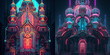 Cyberpunk orthodox church, stained glass window in church, neon lights, neon forms, abstract, collection