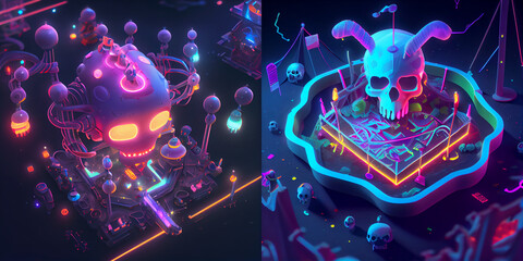 Canvas Print - isometric neon lights skull, futuristic, colorful, background with glowing lights, collection