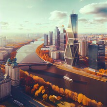 Moscow City Skyscraper And Skyline Architecture, Moscow International Business Financial Office With Moscow River, Aerial View Skyscraper Of Moscow City Business Center In Autumn Season, Russia.