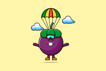Wall Mural - Cute mascot cartoon Mangosteen is skydiving with parachute and happy gesture illustration