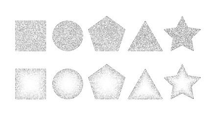 Aufkleber - Dotted grainy shapes set. Stippled square, circle, triangle, star and pentagon with gradient. Grain noise geometric forms. Stochastic dot work collection. 