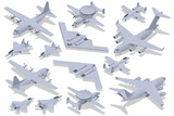 Isometric set of Military Aviation Air Force. attack aircraft, Stealth Strategic heavy Bomber, Strategic and tactical airlifter, Military Aviation. Strategic and tactical airlifter