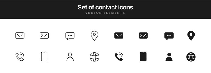 Set contact icon simple line style communication icons. Message chat messaging chatting phone talking location internet people mail inbox icon symbol sign for UI UX website mobile app.