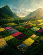 Sunrise Over The Mountain,Aerial View,colorful Field