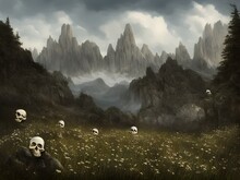 Human Skulls In Beautifull Mountains Valley. High Quality 3d Illustration
