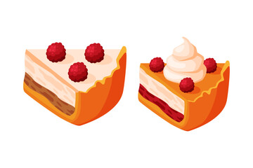 Sticker - Cut Piece of Baked Pie with Sweet Creamy Filling and Shortcrust Pastry Vector Set