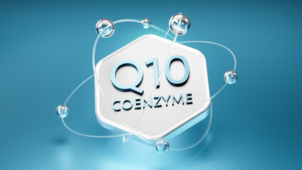 Canvas Print - coenzyme q10 symbol on a hexagon with orbits, floating atoms and electrons, 3d image