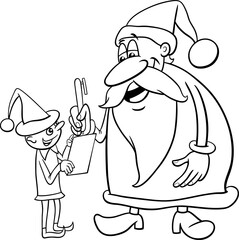 Wall Mural - cartoon Santa Claus character with Christmas elf coloring page