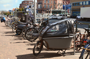 Wall Mural - Many parked bikes and bicycles for rent on city street