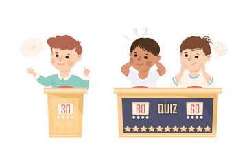 Poster - Kids Playing Quiz Game or Mind Sport Standing at Press Button Answering Question Vector Set