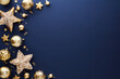 Leinwandbild Motiv Luxury gold Christmas decorations on dark blue background. Xmas greeting card template, Happy New Year banner mockup.