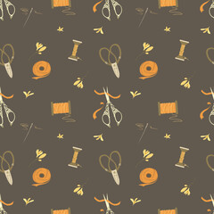 Vector seamless pattern with threads, curly scissors, bows, ribbons and needle. On a gray-brown background. Set of accessories for sewing and handmade with dressmaking accessories. Doodle style