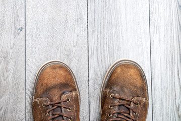 Old men's brown shoes. View from above. space for text.