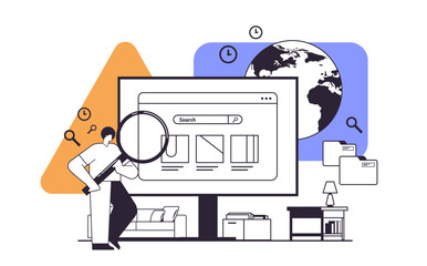 Poster - businessman using magnifying glass web page data analyzing man examining surface of browser window online search