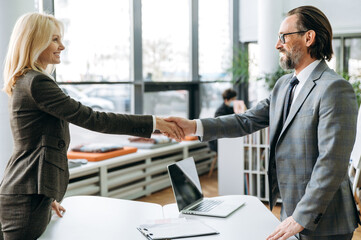 Wall Mural - Successful middle aged colleagues are standing in modern office, coming to agreement at conference. Satisfied business partners shaking hands after negotiations