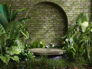 Wall Mural - Mossy podium in tropical forest for product presentation and wall moss background.