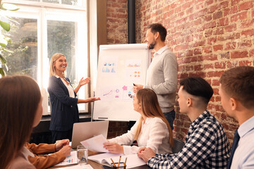 Sticker - Businesswoman having meeting with her employees in office. Lady boss