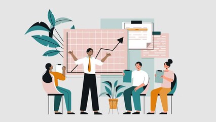 Poster - Group of business people video concept. Moving male leader or speaker holding meeting with partners or presenting financial report. Business conference of entrepreneurs. Flat graphic animated cartoon