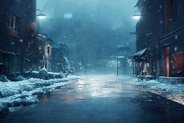 Snowy Tokyo Street at night with neon signs and blue neon lights at winter snow background. winter wallpaper.