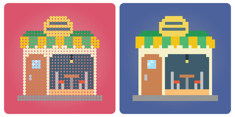 Wall Mural - 8 bit pixel shop. marketing home icon for game assets and cross stitches in vector illustrations.