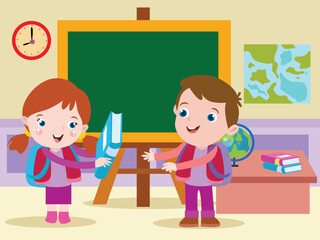 Back to school vector concept: Schoolgirl giving book to her classmate while standing together in the classroom