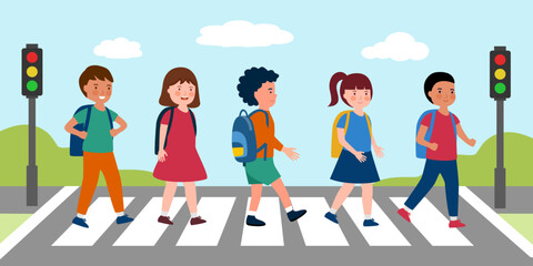 Children students walking at crosswalk in flat design.