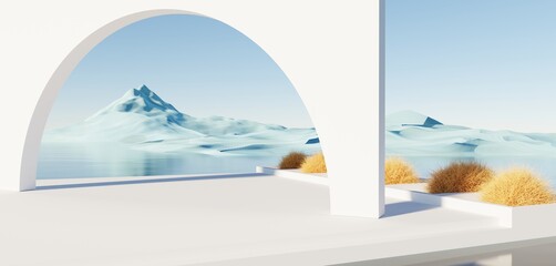 Wall Mural - surreal beautiful dream land background. abstract dune in winter season landscape with geometric arc