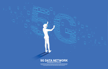 Poster - Silhouette man wear VR glasses and 5G Data technology from device icon. Concept for mobile telecommunication global network.