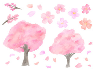Wall Mural - Pink cherry blossoms and petals Cute and simple hand drawn watercolor illustration set / ピンクの桜の木と花びら かわいくてシンプルな手描き水彩イラストセット