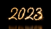 New Year Banner With 2023 Text On Black. Gold Sparkler Firework Caption.