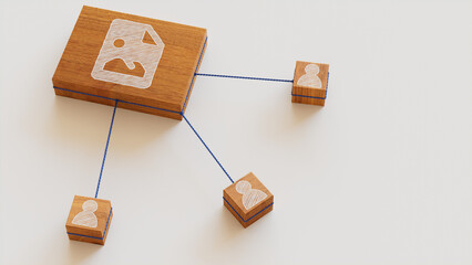 Image Technology Concept with picture Symbol on a Wooden Block. User Network Connections are Represented with Blue string. White background. 3D Render.