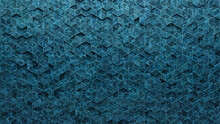 Textured, Glazed Mosaic Tiles Arranged In The Shape Of A Wall. Diamond Shaped, Blue Patina, Blocks Stacked To Create A 3D Block Background. 3D Render