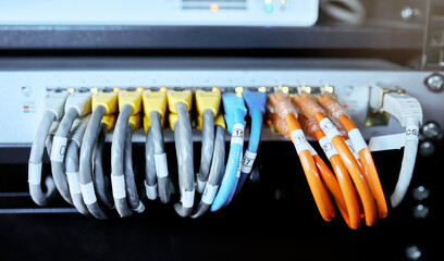 Poster - Server room, computer and cable for internet connection, cloud computing and cyber security. Hardware, wire and cord on equipment in a data center for IT and cyber data wiring for internet.
