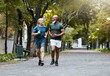 Mature, men and fitness with friends running in park for exercise, workout and wellness. Exercising, working out and diverse male athletic friend in cardio training for body health and stamina