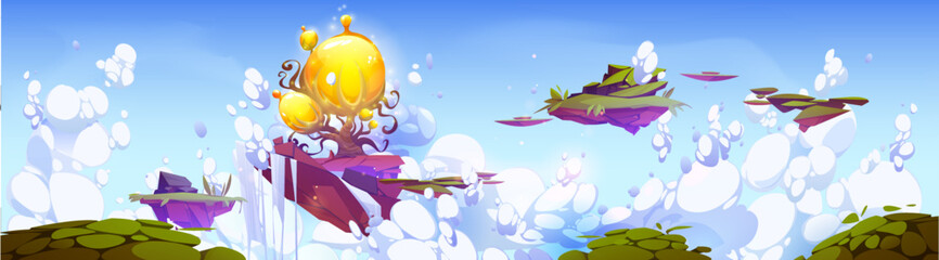 Poster - Fantasy islands with magic tree floating in sky. Cartoon illustration of adventure game platforms. Landscape with pieces of land covered with green grass, fantastic plants, waterfalls flying in clouds