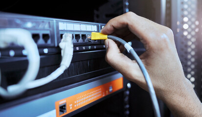 Aufkleber - Hands, network engineer and server cable in server room for data, internet or web connection. Cyber security, system administrator and maintenance of computer wire to prevent error, glitch or issues