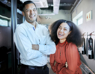 Fototapete - Engineer, cybersecurity and happy team together in a server room or data center for maintenance for cloud computing or information technology system. IT man and black woman, happy about teamwork