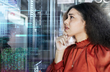 Fototapete - Black woman, web technology and code on hologram in ux design and cybersecurity glitch or crypto software. Digital coding error and blockchain 404 cloud computing and iot data developer