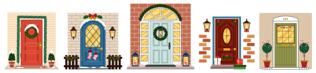 Wall Mural - Collage of front doors decorated for Christmas celebration on white background