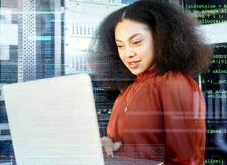 Fototapete - Data overlay, black woman with laptop in server room and future of digital software in cloud computing career. Computer coding language, working with machine learning technology and analytics growth