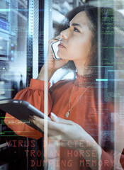 Fototapete - Virus, 404 glitch and overlay with internet hack, phone call and server programmer with tablet or double exposure. Ai, information technology and cloud computer problem with confused woman with data