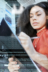 Fototapete - Server, information technology and woman writing on clipboard for analysis of motherboard. Programming, coding text and black woman IT engineer checking database, cyber network and digital software