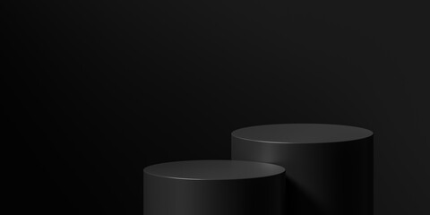 Leinwandbilder - Black 3d stage banner on modern podium empty background mockup with abstract light dark product space display stand or luxury presentation pedestal scene studio and advertising backdrop sale platform.