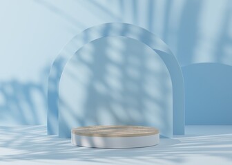 Wall Mural - 3D white podium or white and wood dais stage. white mock-up stand product scene blue background. 3d podium stage illustration render.