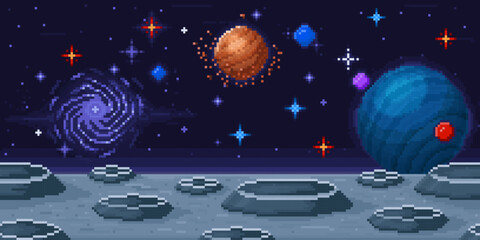 Pixel art planet surface. Space arcade 8-bit videogame location, moon landscape and galaxy sky vector background Illustration