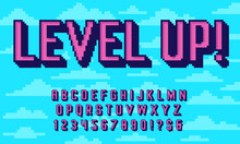 Retro Pixel Art 3D Font. 8 Bit Typography Alphabet, Extruded Letters And Pixelated Numbers Old Arcade Game Style Vector Set