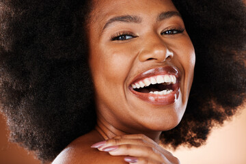 Wall Mural - Beauty, face and black woman with makeup and natural cosmetics portrait, afro and skincare closeup against studio background. Happy model, cosmetic advertising and hair care, facial and healthy skin.