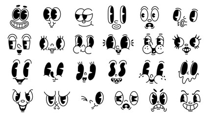 retro 1930s cartoon faces. old funny mascot facial expressions, mouths and eyes with different emoti