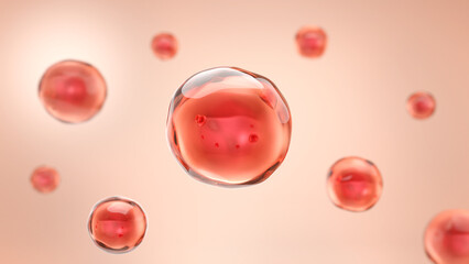 Red stem cell or drop of blood on pink background. Collagen, Skin treatment and skin care product concept. 3D rendering.